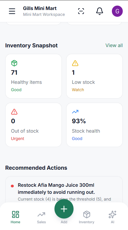 HisaFlow inventory dashboard showing healthy items, low stock and stock health